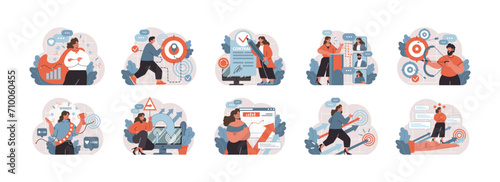 Corporate success set. Illustrations depict professionals in goal setting, achievement, and security. Showcases teamwork, strategic planning, and rewards in a corporate setting. Flat vector.
