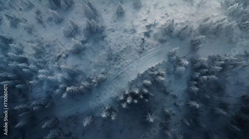 Natural winter scene from above road through snowy forest 