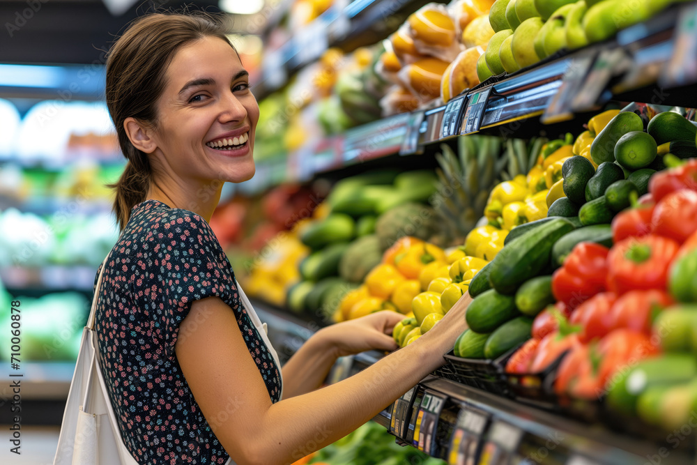 Woman shopping in supermarket, choosing fresh fruits and vegetables and smiling to the camera
