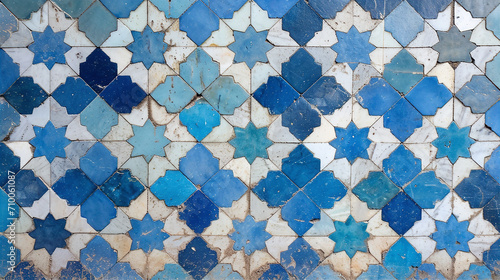 Abstract blue star shaped geometric Moroccan tiles. Shabby wallpaper texture background banner. Marrakech pattern. Vintage retro concrete, stone, ceramic cement floor, wall mosaik. Top view, closeup. © tabitazn