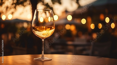 a table in a restaurant with a glass of white wine, soft golden light.Generative AI