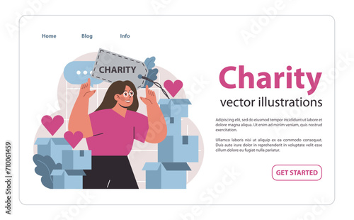 Charity and charitable foundation web banner or landing page. Help for people in need. Woman with humanitarian aid or donations boxes. Volunteers or nonprofit organizations support. Flat vector