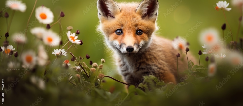 Red fox cub in Normandy with flowers. Red fox cub in Normandy with flowers.