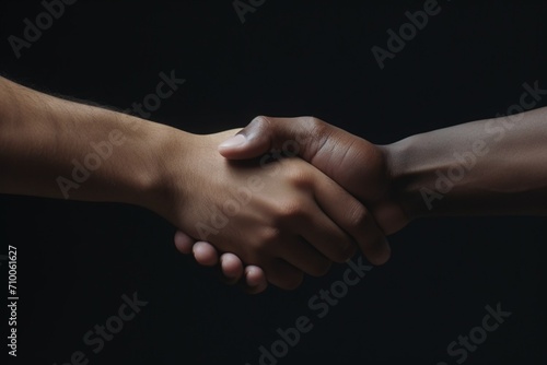 Two hands clasping together in a firm handshake, symbolizing trust and cooperation. photo