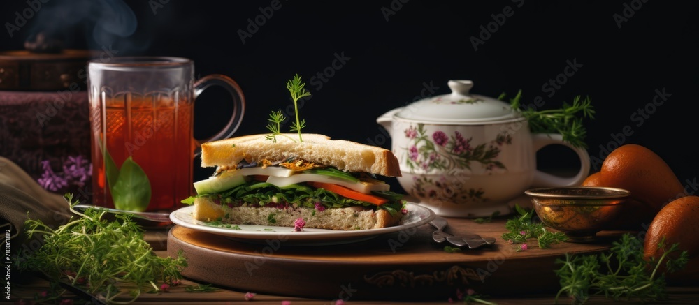 Delicious breakfast consisting of herbal tea and a tasty sandwich.