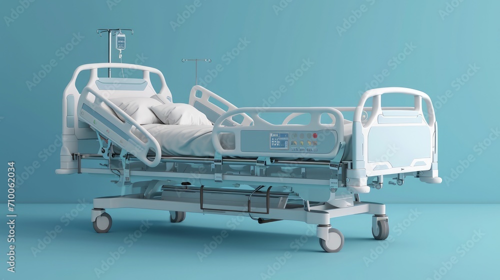 Hospital bed in a front view, isolated against a blue background Stock ...