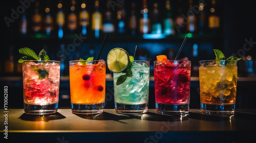 Cocktails assortment served on dark background. Generative AI photo
