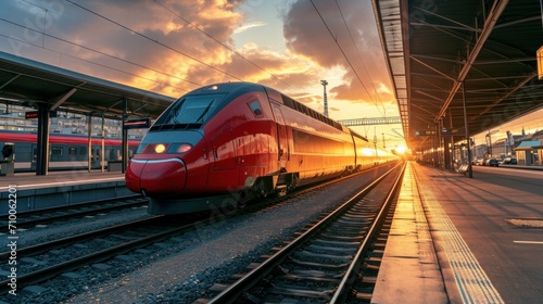 High speed train on the train station at sunset