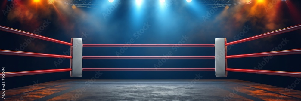 Empty professional boxing ring in the dark, illuminated spotlight. Sport background. - obrazy, fototapety, plakaty 