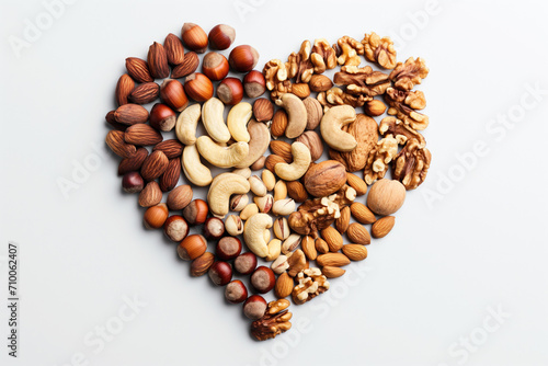 Different nuts in shape of a heart on white background
