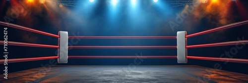 Empty professional boxing ring in the dark, illuminated spotlight. Sport background. photo