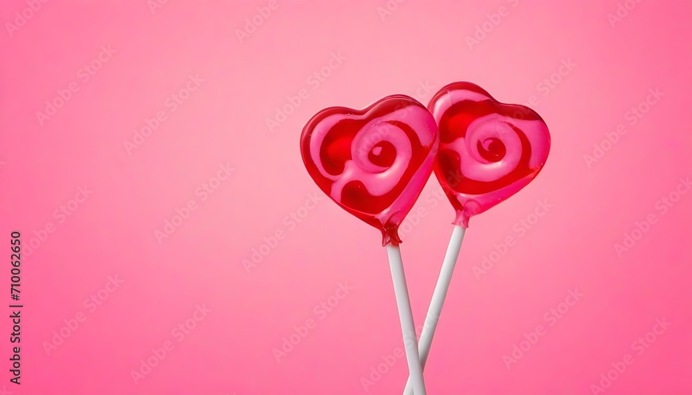 two cute red and pink heart shaped red lollipops on pastel pink background