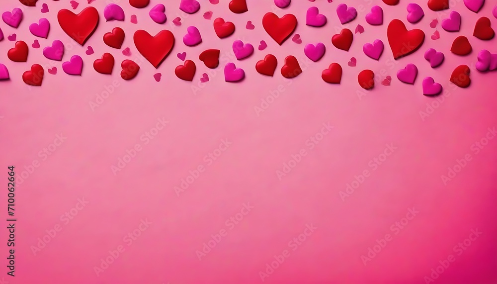 Pastel pink background with lower shadowing for valentine's day or weddings, multiple heart shaped confettis on the high side, some bigger some smaller 