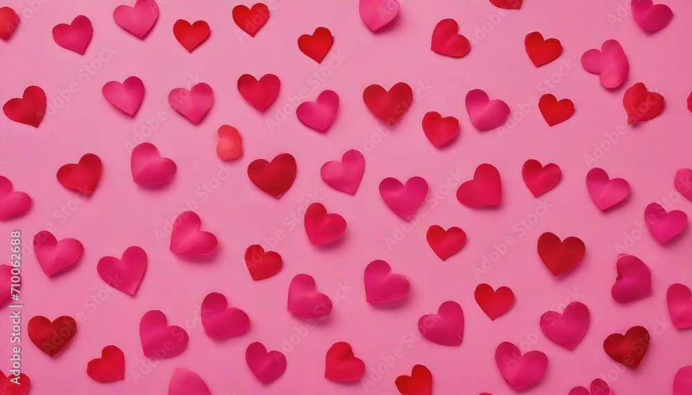 Pink and red heart shaped confettis pattern on pastel pink background 