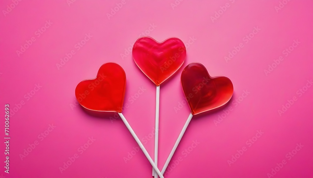 three pink and red  heart shaped red lollipops on pastel pink background
