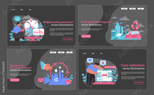 Electric car benefits set. Depicting global market reach, environmental effects, recycling, and cost-saving measures. Powering sustainable future. Flat vector illustration.
