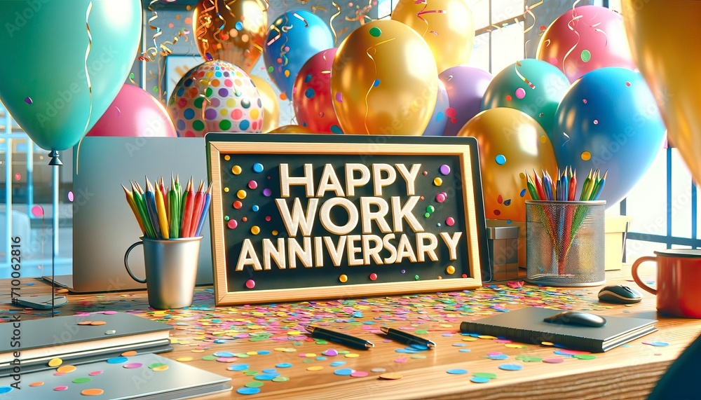 Celebratory Office Desk Decorated with Sign Happy Work Anniversary - obrazy, fototapety, plakaty 