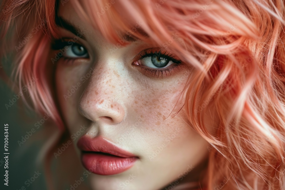 Close up fashion-style sensual portrait of young woman with pink hair and lipstick and freckles on her face Close up fashion-style sensual portrait of young woman with pink hair and lipstick and freckles on her face