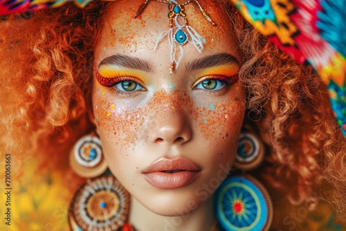 Psychedelic portrait of a young woman with curly red hair, expressive makeup, glitter on her skin, colorful exotic decorations in the form of dream catchers. Exotic atmosphere, indigenous culture, boh