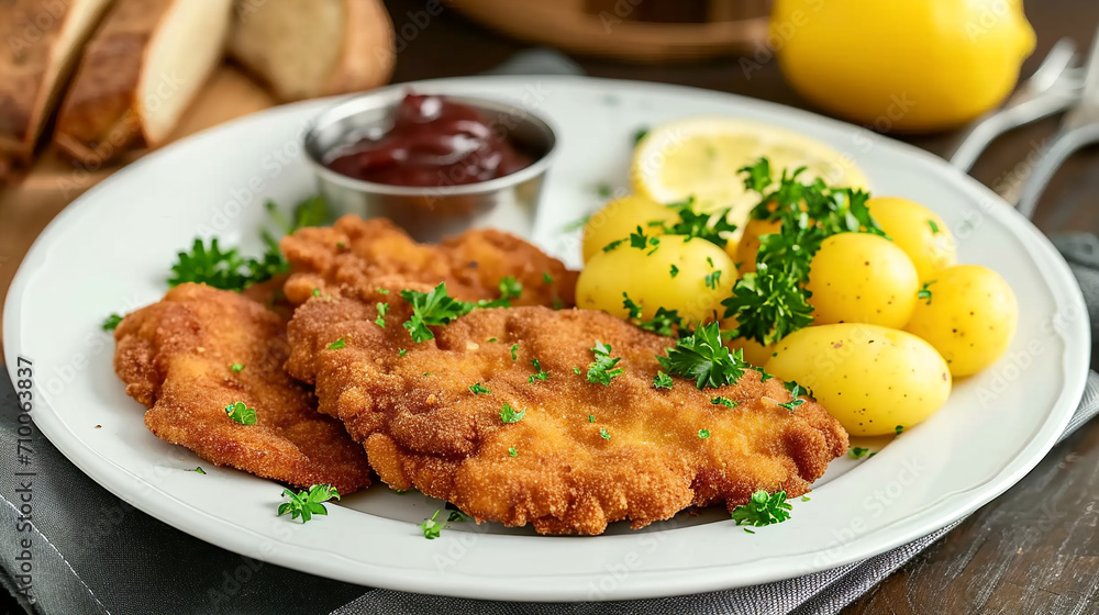 Delicious authentic breaded and deep-fried Wiener schnitzel served with lemon and boiled potatoes with parsley on a a plate Delicious authentic breaded and deep-fried Wiener schnitzel served with lemon and boiled potatoes with parsley on a a plate