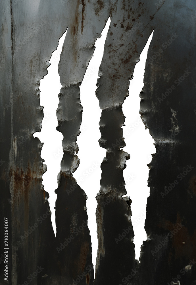 torn claw mark on a grunge dark steel background surface texture. Metallic texture. Grungy wall of steel. Menacing werewolf claw marks. Bear claw mark. Lion Claw Mark. Beast claw mark. Transparent - obrazy, fototapety, plakaty 
