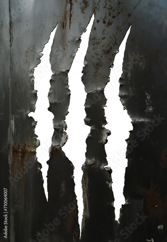 torn claw mark on a grunge dark steel background surface texture. Metallic texture. Grungy wall of steel. Menacing werewolf claw marks. Bear claw mark. Lion Claw Mark. Beast claw mark. Transparent photo