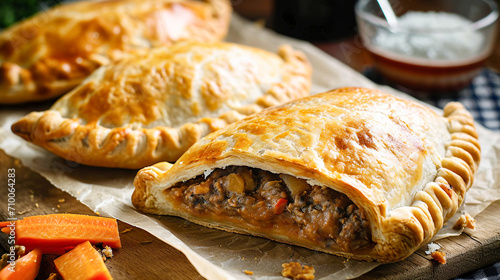 Delicious home baked Cornish pasties with minced meat and vegetables. Traditional specialty of British cuisine