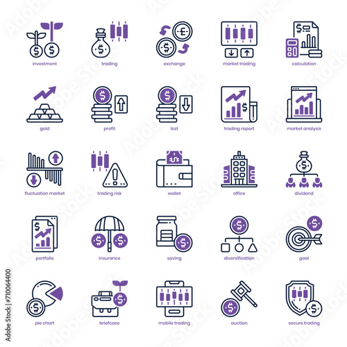 Stock Trading icon pack for your website design, logo, app, and user interface. Stock Trading icon dual tone design. Vector graphics illustration and editable stroke.