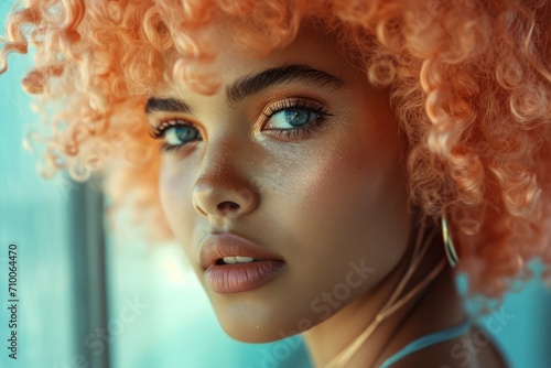 Close up fashion portrait of young woman with an peach curly hair, looking at the camera, in the style of vibrant colorism, african influence, daring look © Irina Kozel
