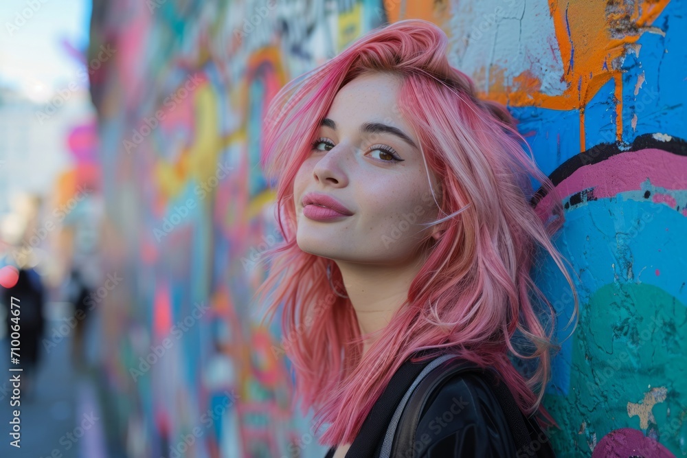 Portrait of pink haired young woman standing against graffiti wall. Concepts: teenagers, youth fashion, youth subcultures, nonconformism, challenge Portrait of pink haired young woman standing against graffiti wall. Concepts: teenagers, youth fashion, youth subcultures, nonconformism, challenge