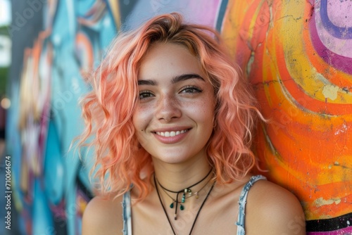 Street portrait of peach haired smiling young woman standing against graffiti wall. Concepts: teenagers, youth fashion, youth subcultures, nonconformism, challenge photo