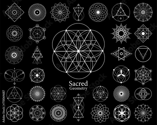 Sacred geometry vector design elements. Alchemy, religion, philosophy, spirituality, yantra hipster symbols and elements. Set collection, white tattoo signs isolated on black background 