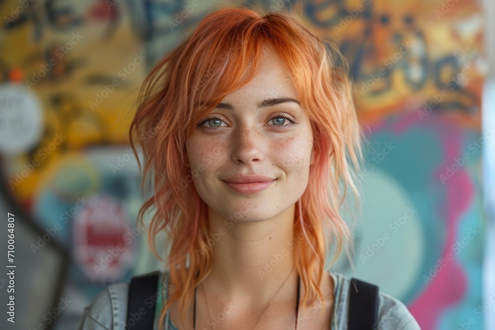 Street portrait of orange haired smiling young woman standing against graffiti wall. Concepts: teenagers, youth fashion, youth subcultures, nonconformism, challenge Street portrait of orange haired smiling young woman standing against graffiti wall. Concepts: teenagers, youth fashion, youth subcultures, nonconformism, challenge