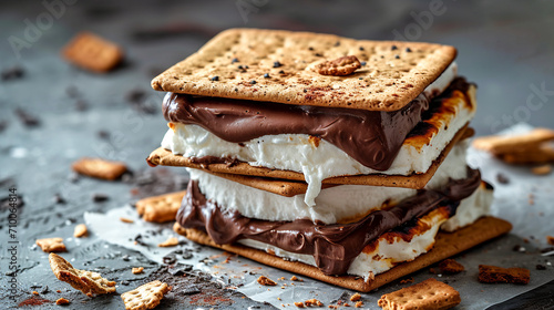 S'mores with melted marshmallow and chocolate between graham crackers. Traditional sweet snack in US and Canada photo
