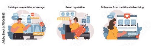 Colorful vector illustrations capture the essence of gaining a competitive edge, enhancing brand reputation, and the shift from traditional to native advertising methods.