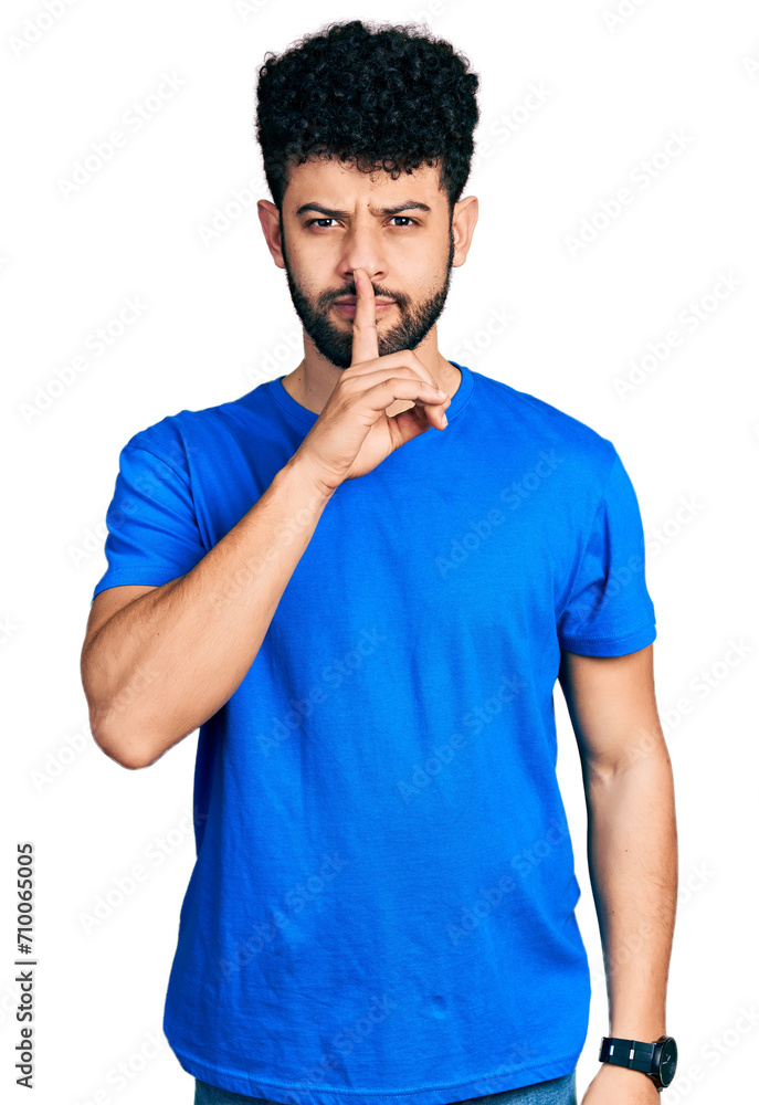 Young arab man with beard wearing casual blue t shirt asking to be quiet with finger on lips. silence and secret concept. Young arab man with beard wearing casual blue t shirt asking to be quiet with finger on lips. silence and secret concept.