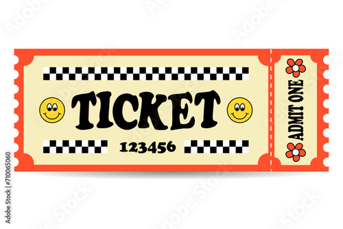 Vintage ticket in groovy style. Admit one event ticket. Vector illustration
