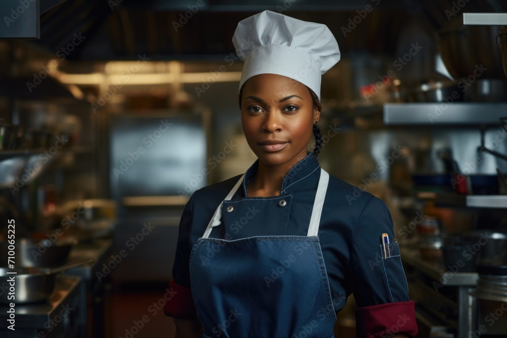 Portrait of a young female black chef in commercial kitchen Portrait of a young female black chef in commercial kitchen