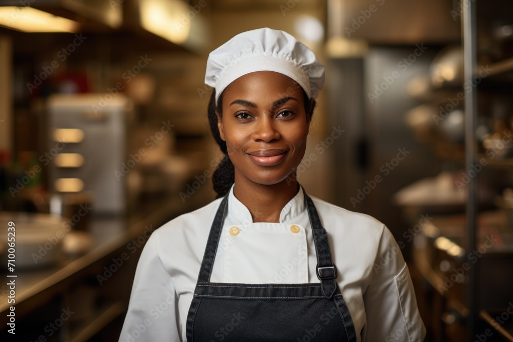 Portrait of a young female black chef in commercial kitchen Portrait of a young female black chef in commercial kitchen