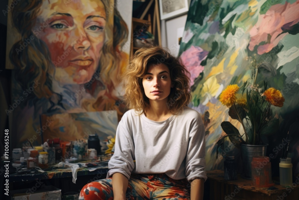 Portrait of a female painter posing in front of her paintings