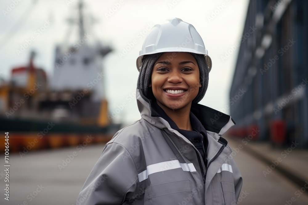 Confident Female Engineer with Hard Hat at Industrial Port Confident Female Engineer with Hard Hat at Industrial Port