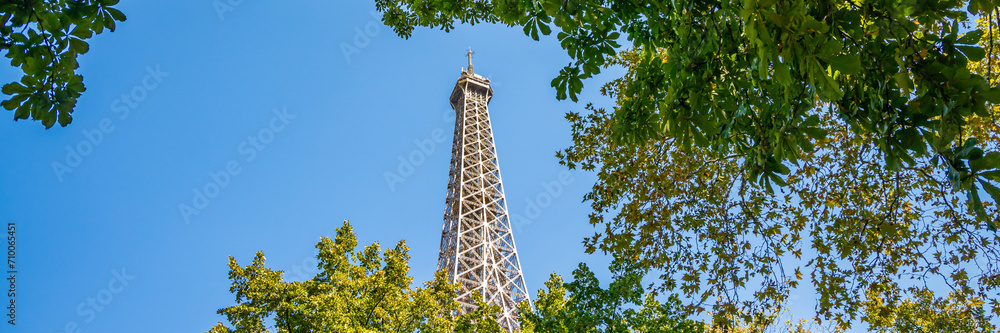 Top of the Eiffel Tower and trees on a sunny day in Paris Top of the Eiffel Tower and trees on a sunny day in Paris