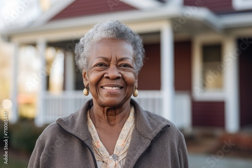 Portrait of a smiling black senior woman in front of her house