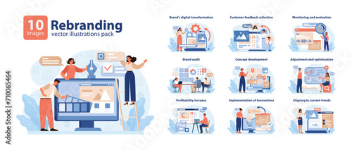 Rebranding Vector Illustrations Pack. A comprehensive visual toolkit for brand transformation, audit, and alignment to digital trends. Flat vector illustration.