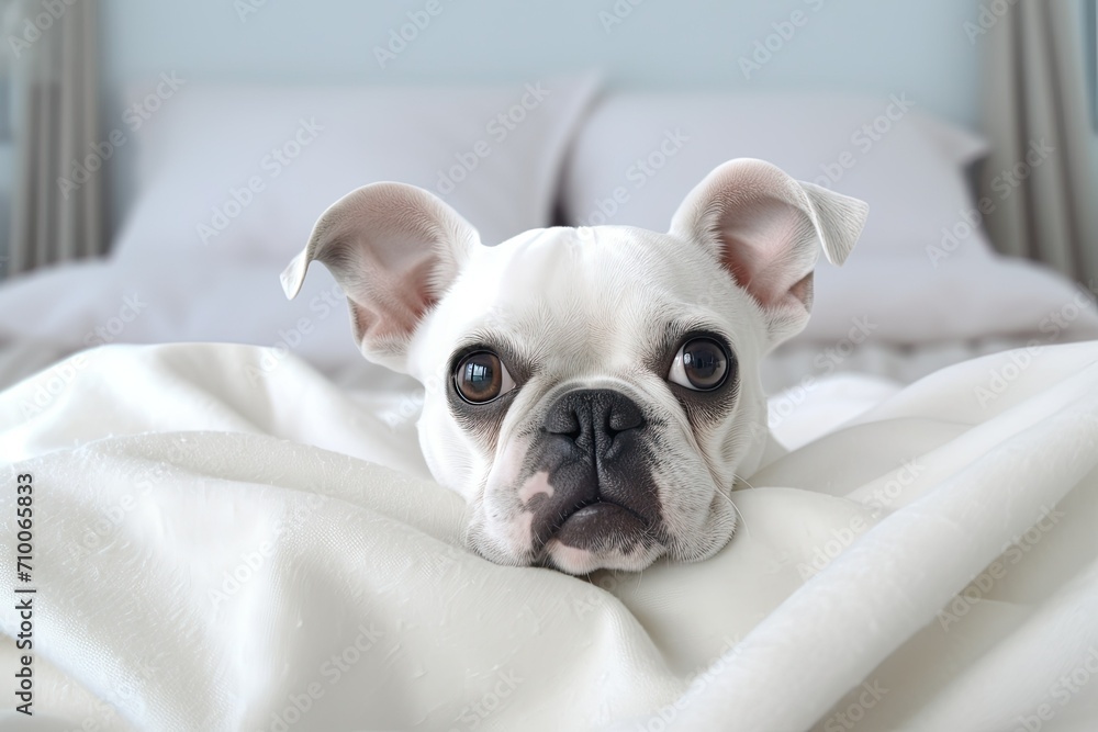 French Bulldog puppy lying on a white bed, looking at the camera, dog in the bedroom