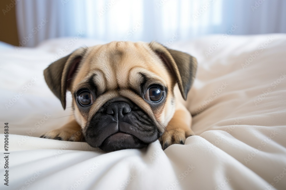Pug puppy lies on the bed on a white bed, looking at the camera, dog in the bedroom