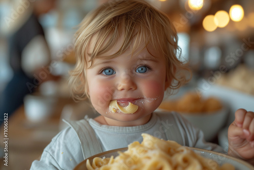 little baby eating pasta, tagliatelle