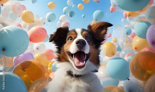 happy dog in the middle of colorful balloons