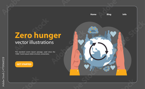 Zero hunger night mode or dark mode web banner or landing page. SDG or sustainable development goals. Human rights and social progress. Food security and improved nutrition. Flat vector illustration