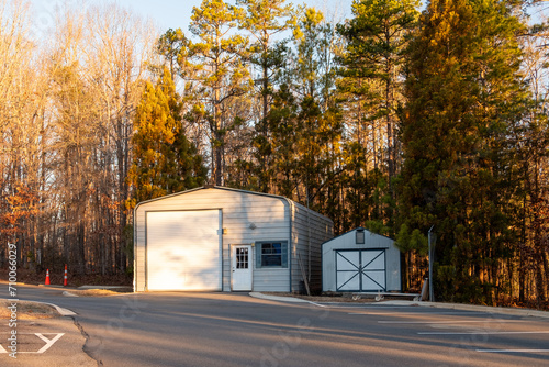 A large and small aluminum shed at sunrise in charlotte, north carolina.